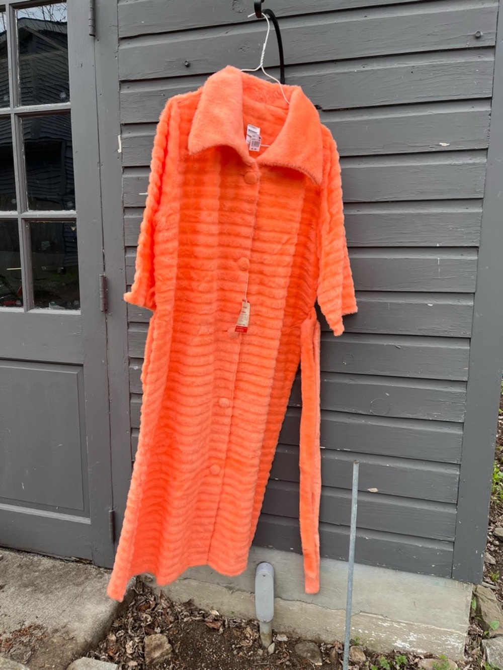Vintage Bright Coral Orange Fuzzy Button-Front Robe